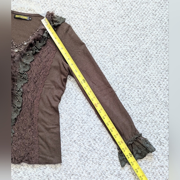 Women's Brown V-Neck Sweater with Beading Faux-Fur & Lace Detailing - Picture 14 of 16